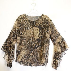 Womens Top Large Flared Ruffle Tan Black Paisley Blouse Boho Hippie